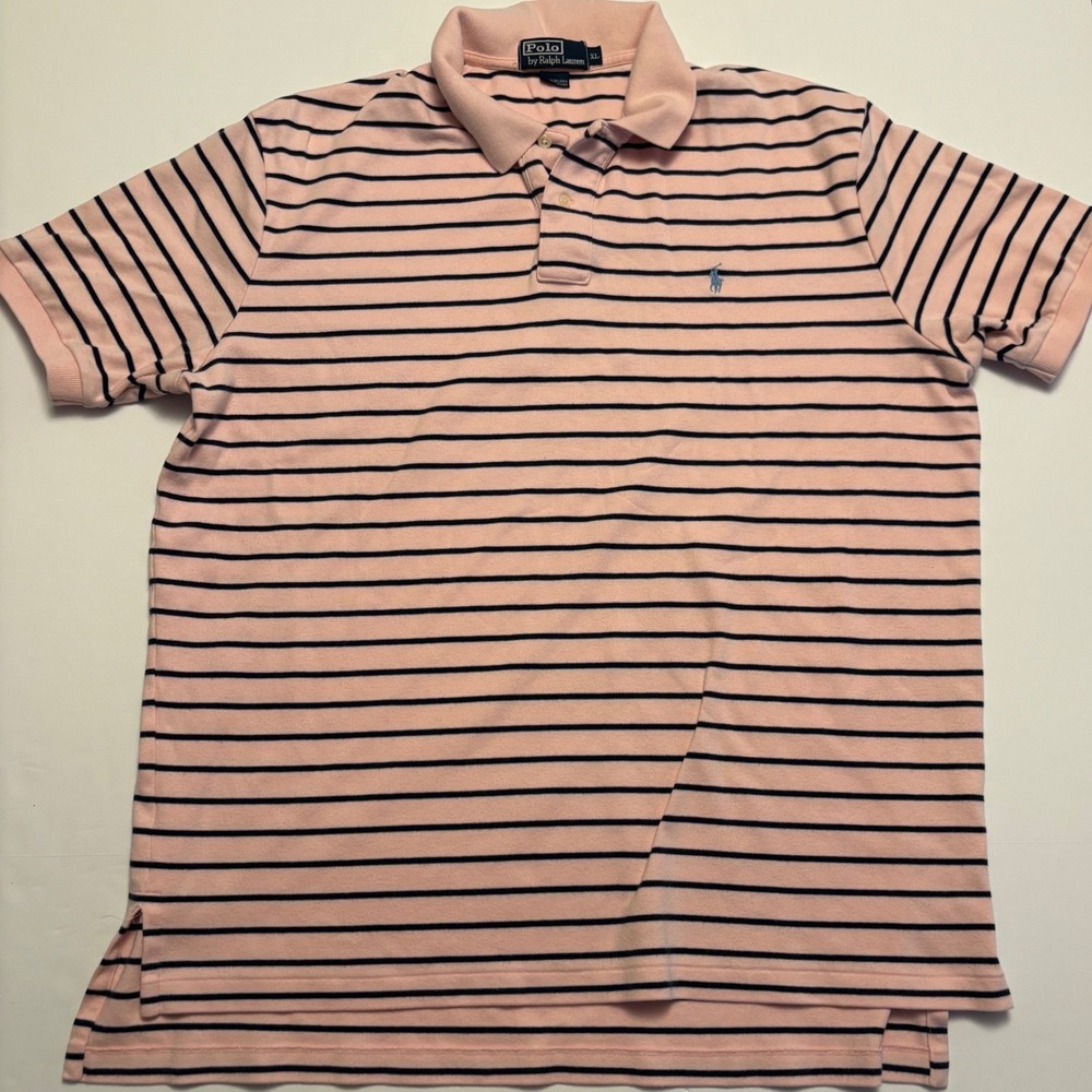 Polo Ralph Lauren Polo Shirt Mens XL Pink Blue Striped Short Sleeve Cotton 0655